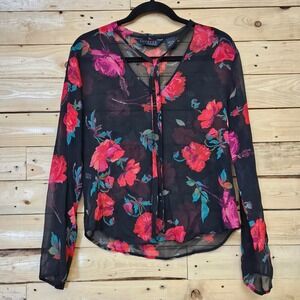 Express World Brand Silk Floral Tie Neck Sheer Blouse Black Red Rose Size 9/10